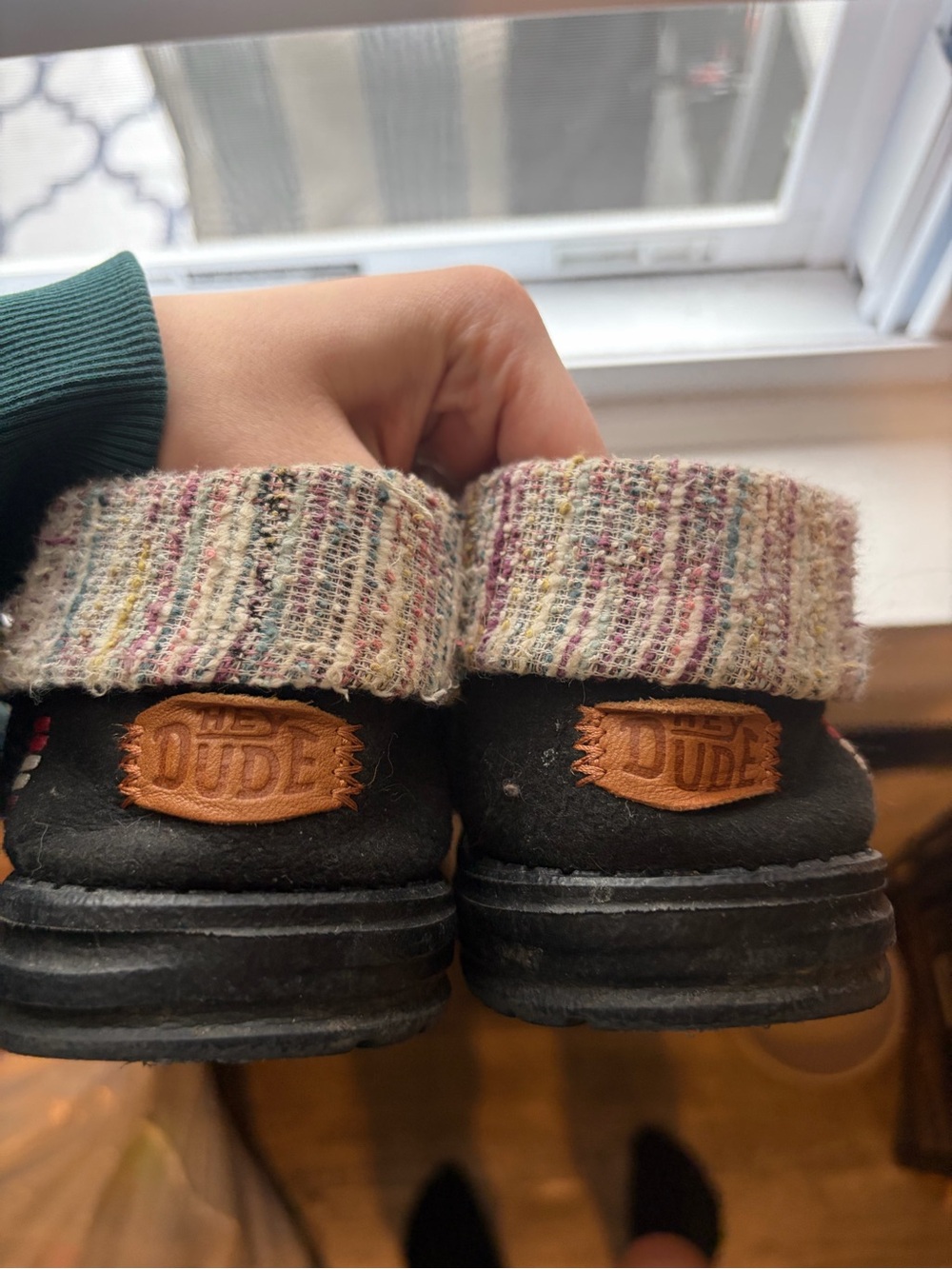 Hey Dude Black Slip-On Sandals with Multicolor Knit Cuffs